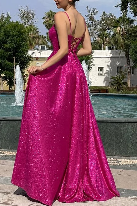 Glitter V-Neck Sleeveless Satin A-Line Prom Dress
