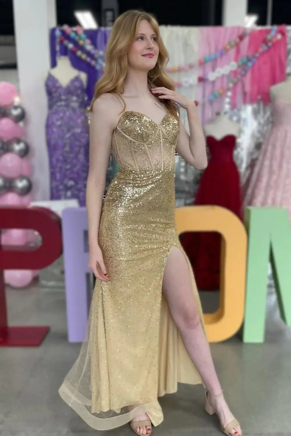 Gold Spaghetti Straps Sheer Empire Sequins Prom Dress Movousdress Gold Spaghetti Straps Sheer Empire Sequins Prom Dress Movousdress