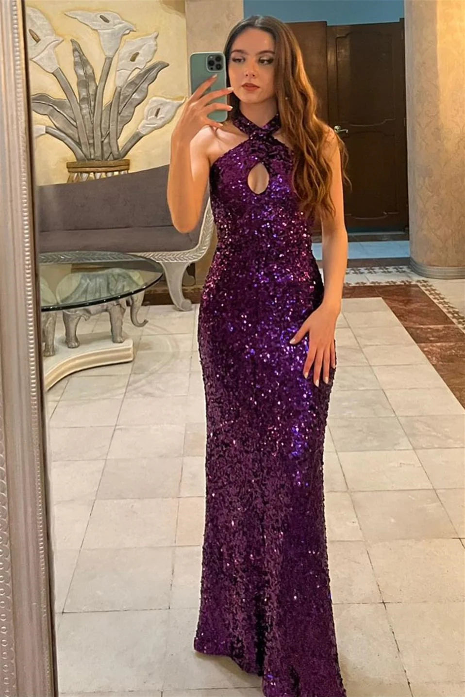 Grape Halter Sleeveless Sequins Party Prom Dress