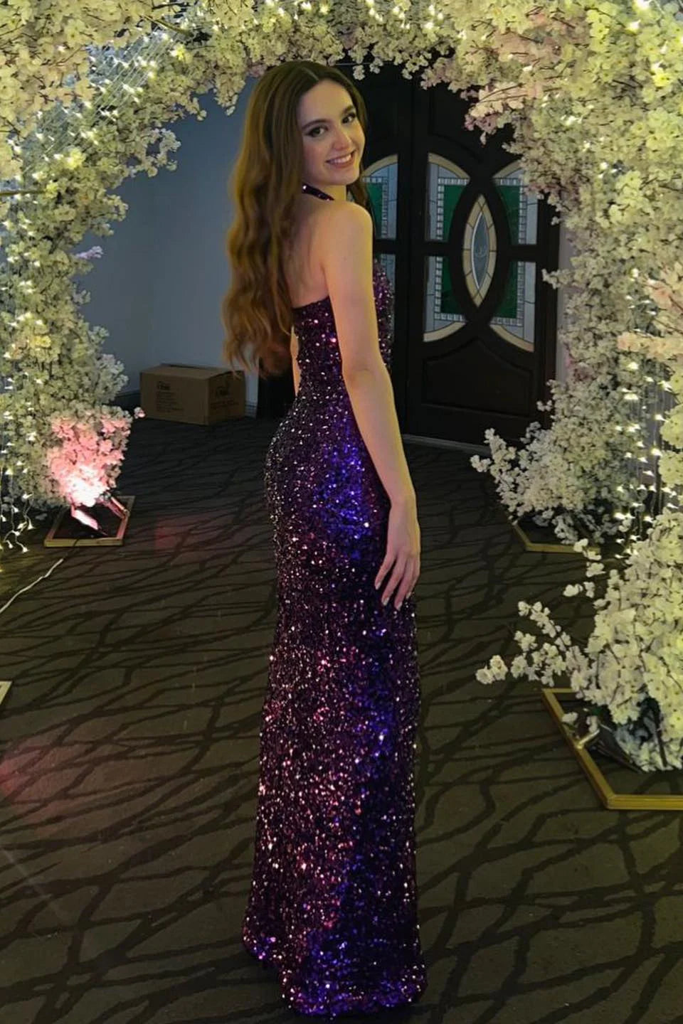 Grape Halter Sleeveless Sequins Party Prom Dress