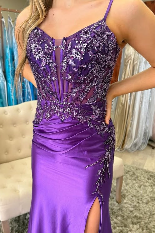 Grape Spaghetti Straps Lace Appliques Mermaid Party Prom Dress