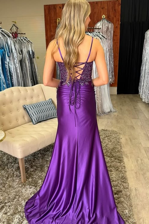 Grape Spaghetti Straps Lace Appliques Mermaid Party Prom Dress