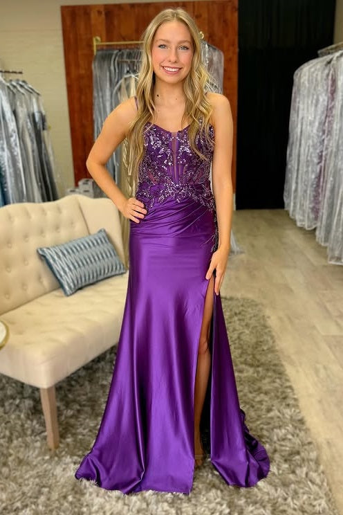 Grape Spaghetti Straps Lace Appliques Mermaid Party Prom Dress