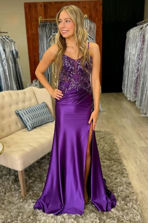 Grape Spaghetti Straps Lace Appliques Mermaid Party Prom Dress