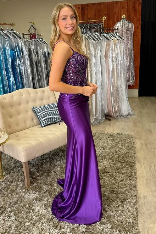 Grape Spaghetti Straps Lace Appliques Mermaid Party Prom Dress