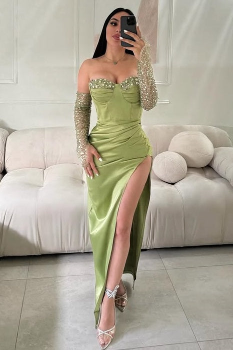 Green Sweetheart Empire Appliques Party Prom Dress With High Slit