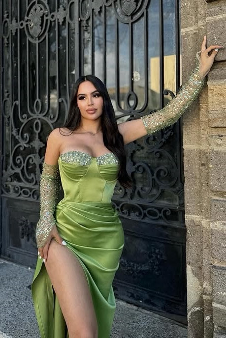 Green Sweetheart Empire Appliques Party Prom Dress With High Slit