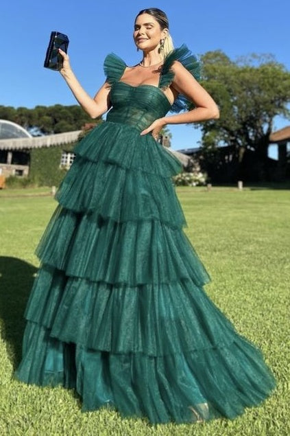 Green Sweetheart Ruffled Straps Tiered Tulle A-Line Prom Dress