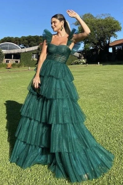 Green Sweetheart Ruffled Straps Tiered Tulle A-Line Prom Dress