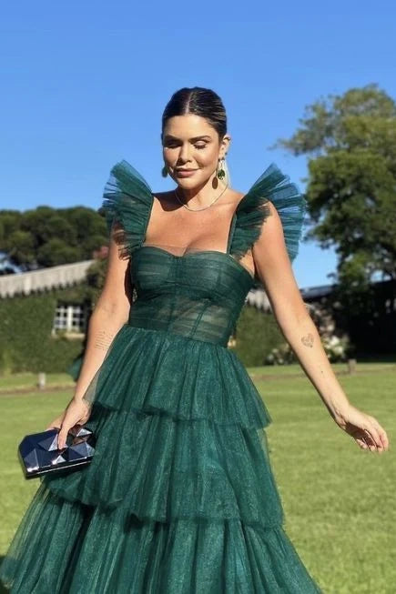 Green Sweetheart Ruffled Straps Tiered Tulle A-Line Prom Dress