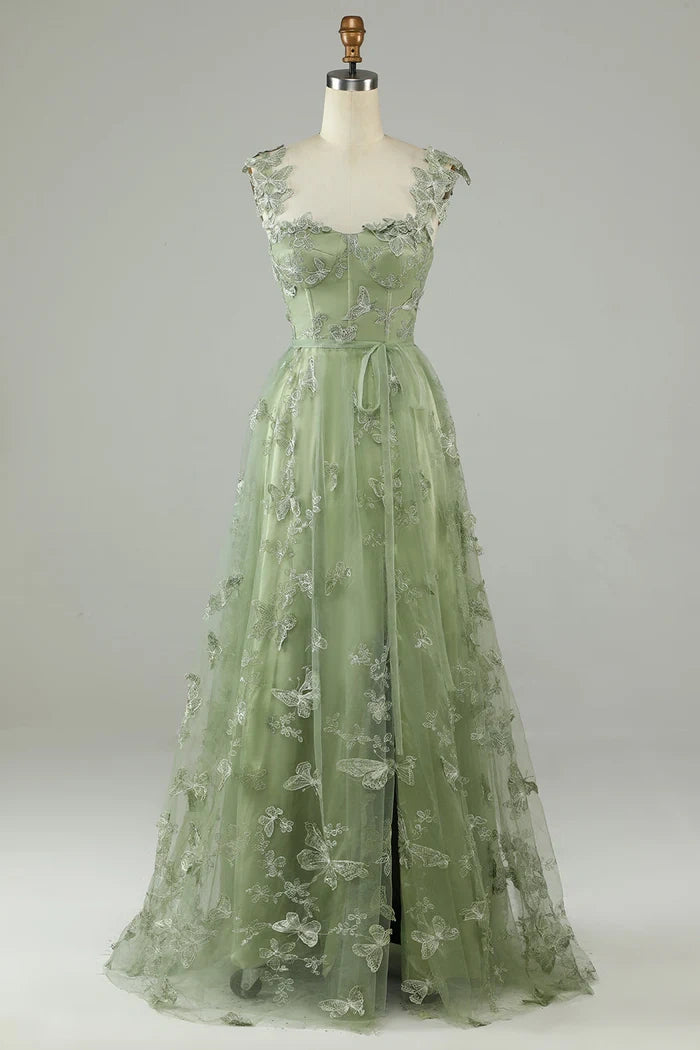 Green Tulle A-Line Butterfly Party Prom Dress