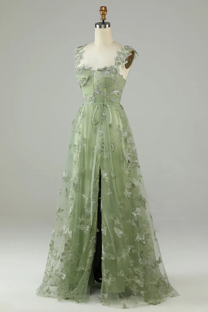 Green Tulle A-Line Butterfly Party Prom Dress