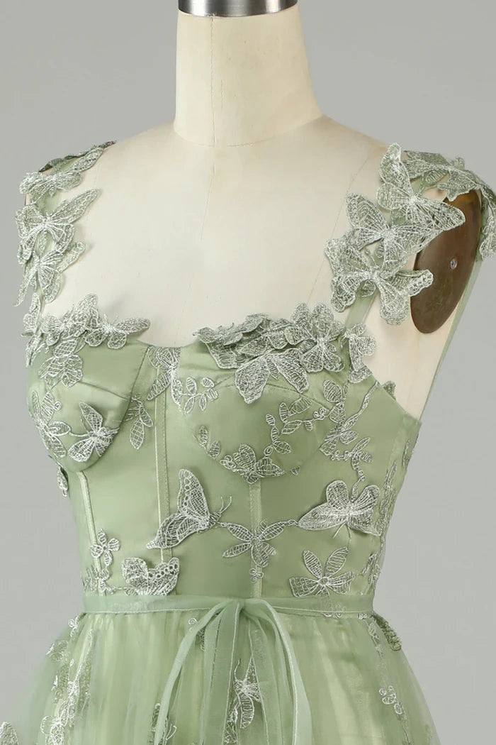 Green Tulle A-Line Butterfly Party Prom Dress