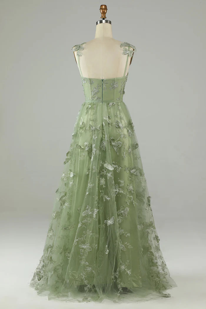 Green Tulle A-Line Butterfly Party Prom Dress