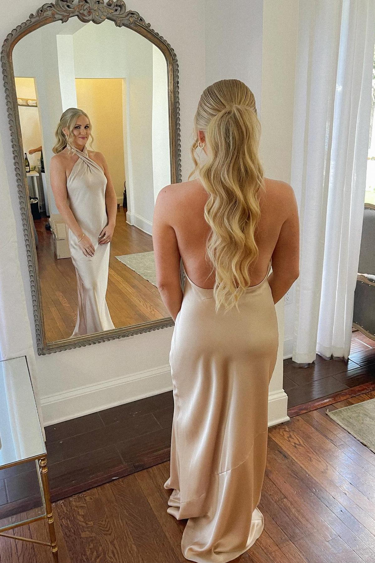 Halter Open Back Sleeveless Satin Fitted Bridesmaid Dress