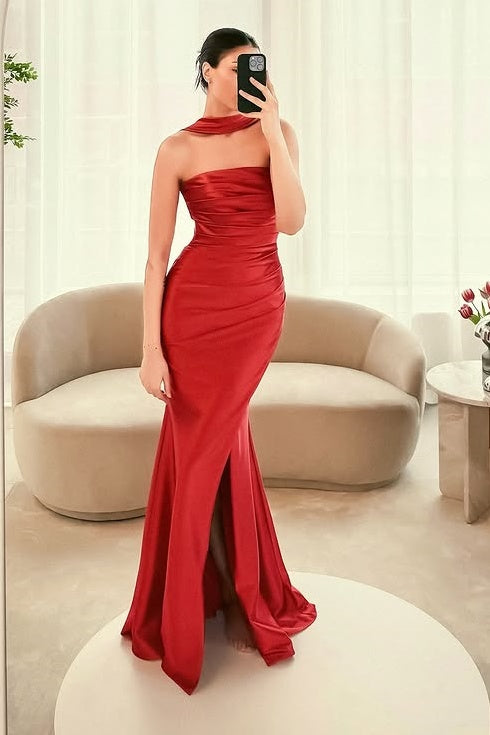 Halter Sleeveless Mermaid Satin Empire Long Bridesmaid Dress