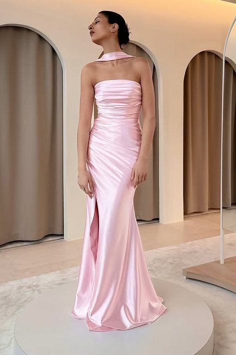 Halter Sleeveless Mermaid Satin Empire Long Bridesmaid Dress