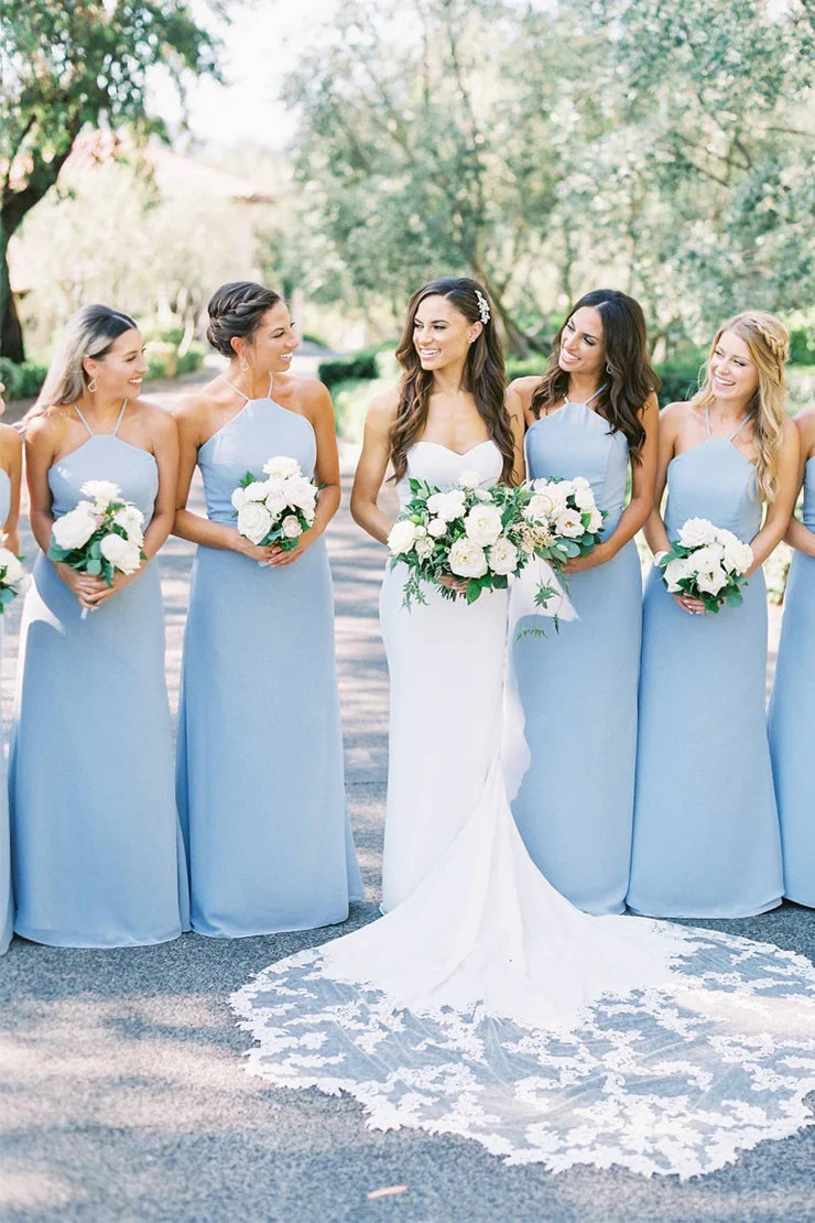Halter Sleeveless Satin Empire Long Bridesmaid Dress