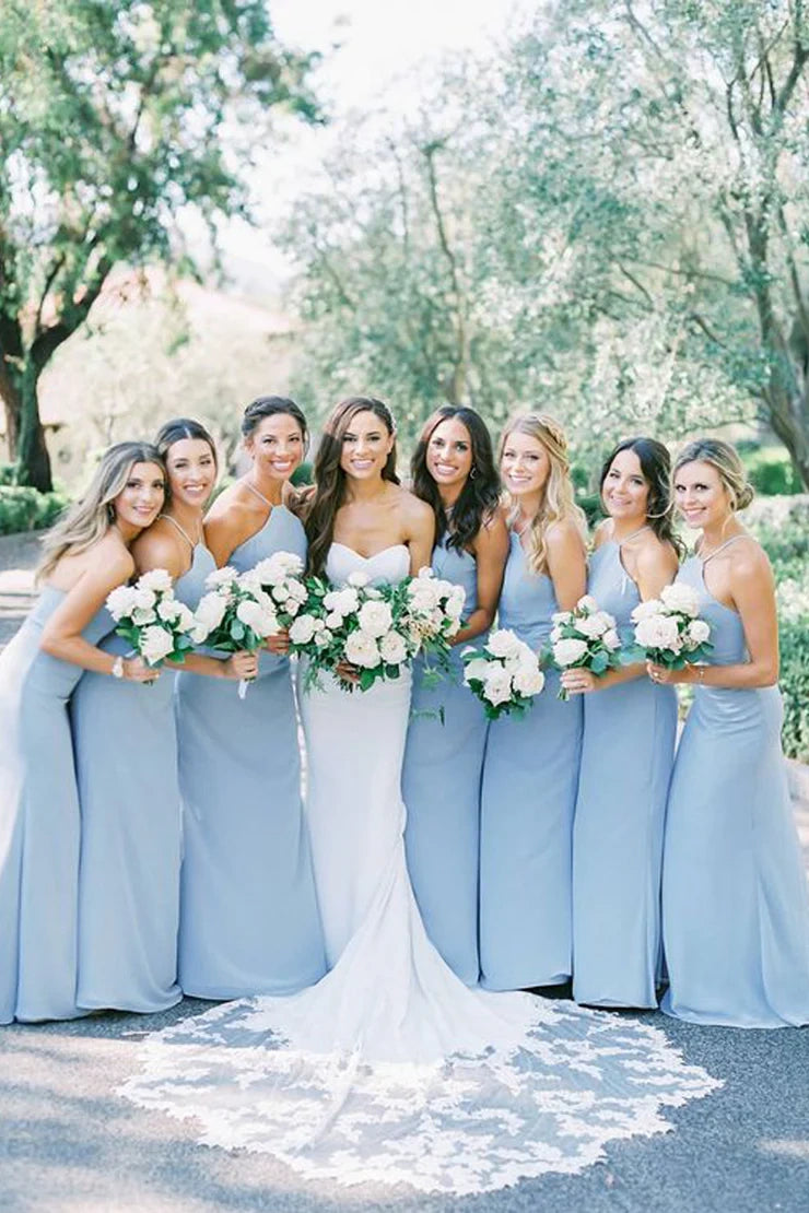 Halter Sleeveless Satin Empire Long Bridesmaid Dress