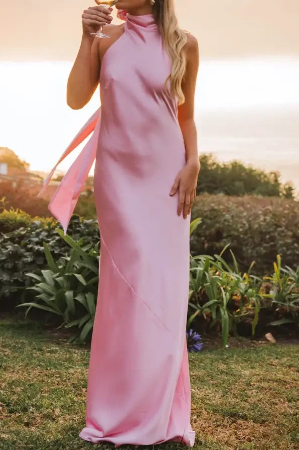 high neck low back bridesmaid dress High Neck Backless Satin Fitted Bridesmaid Dress – Movousdress