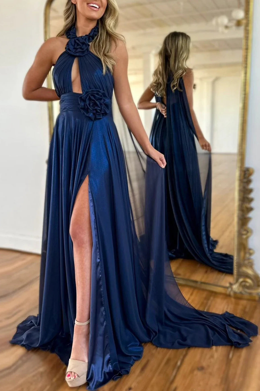 High Neck Sleeveless Floral Prom Dress With Side Slit
