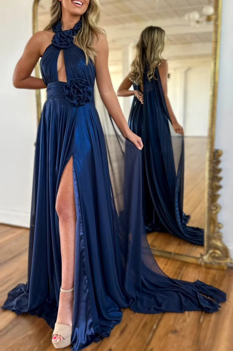 High Neck Sleeveless Floral Prom Dress With Side Slit