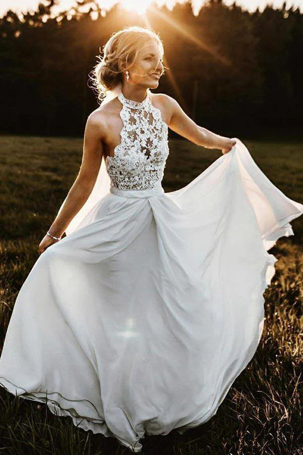 High Neck Sleeveless Two Tone A-Line Boho Wedding Dress