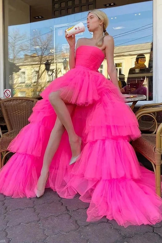 Hot Pink Strapless Tulle A-Line High Low Prom Dress – Movousdress Hot Pink Strapless Tulle A-Line High Low Prom Dress – Movousdress
