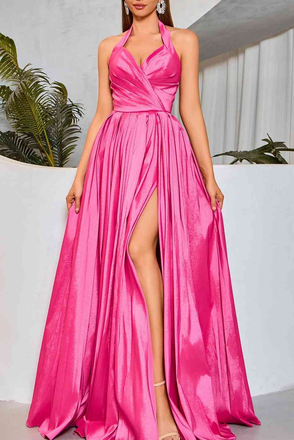 Simple Satin A-Line V-Neck Halter Sleeveless Empire Prom Dress Movousdress Simple Satin A-Line V-Neck Halter Sleeveless Empire Prom Dress Movousdress