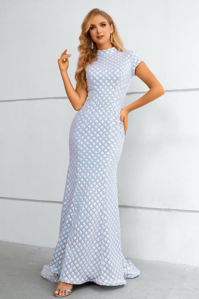 Iridescent White Mock Neck Mermaid Long Prom Dress Movousdress Iridescent White Mock Neck Mermaid Long Prom Dress Movousdress