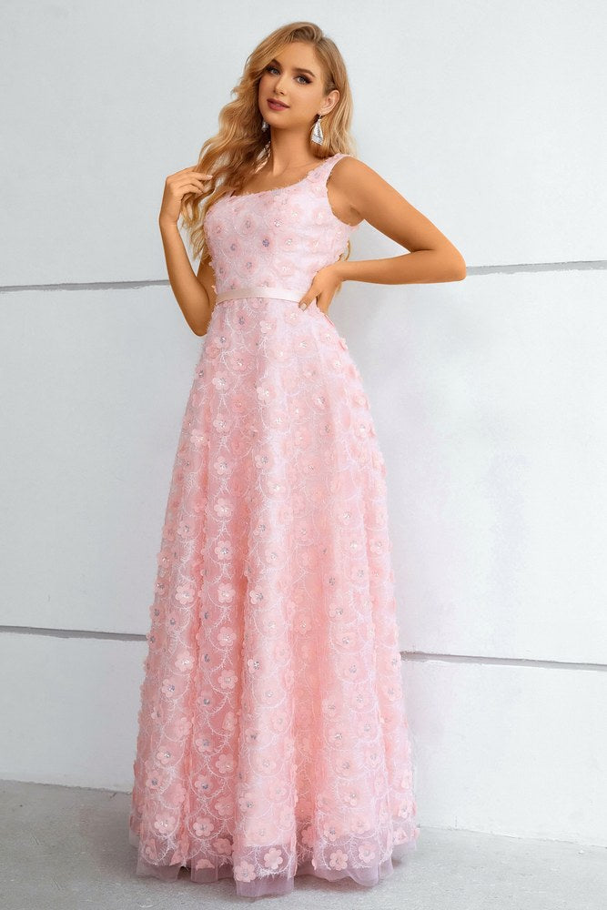 Light Pink Square-Neck 3D Floral A-line Long Prom Dress