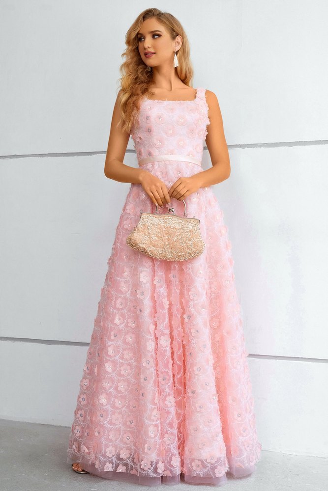 Light Pink Square-Neck 3D Floral A-line Long Prom Dress