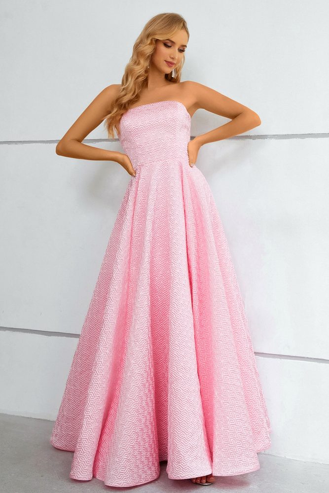 Light Pink Strapless Jacquard A-Line Long Prom Dress