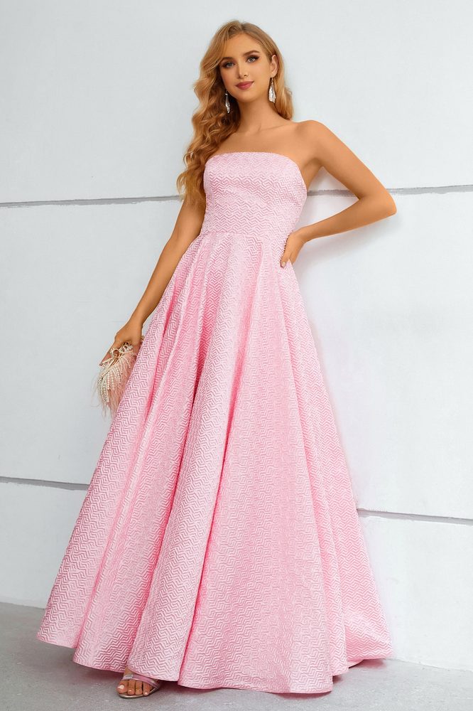Light Pink Strapless Jacquard A-Line Long Prom Dress