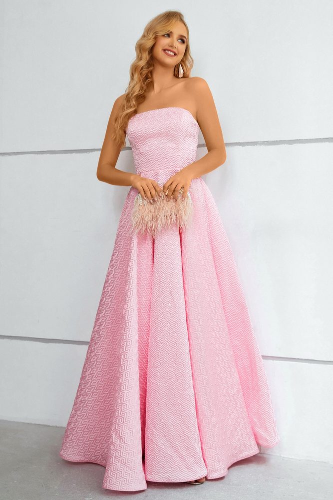 Light Pink Strapless Jacquard A-Line Long Prom Dress