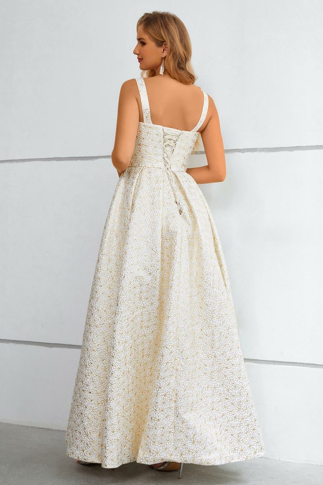 Ivory Square-Neck Jacquard A-Line Long Prom Dress with Slit