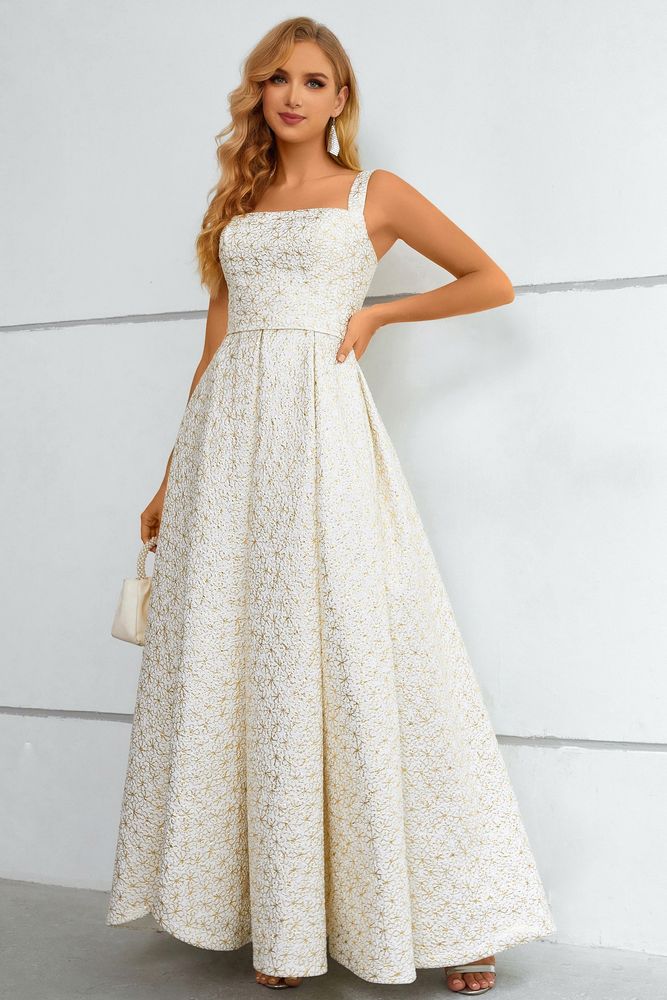 Ivory Square-Neck Jacquard A-Line Long Prom Dress with Slit