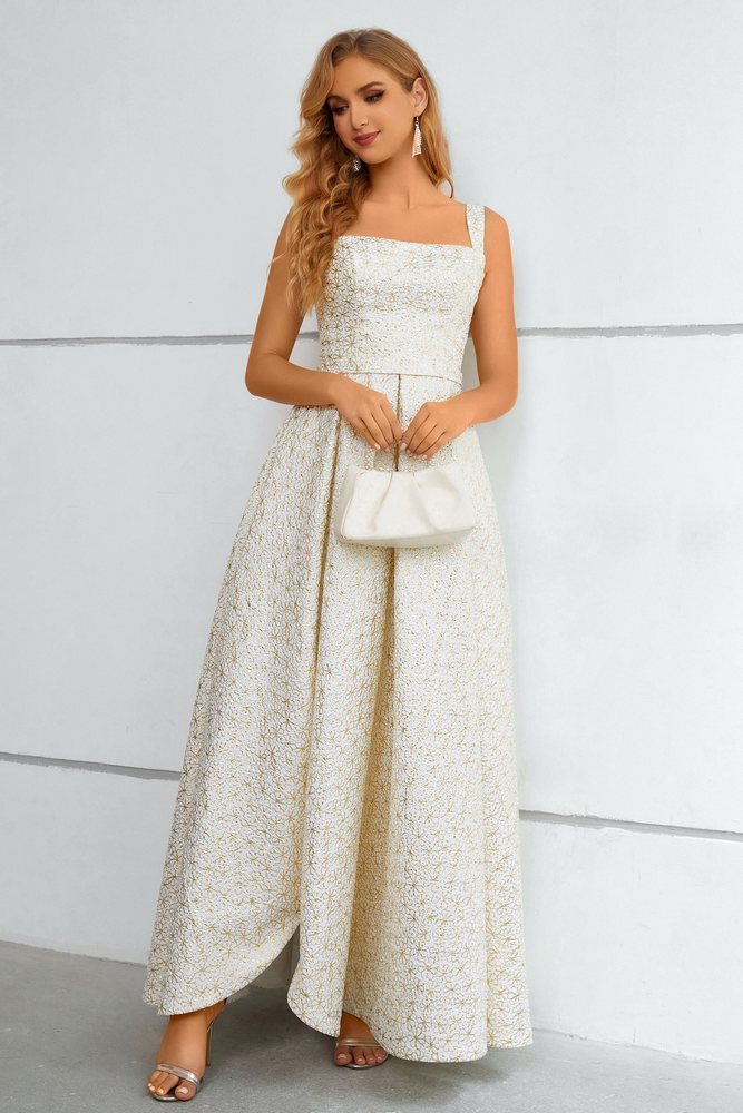Ivory Square-Neck Jacquard A-Line Long Prom Dress with Slit