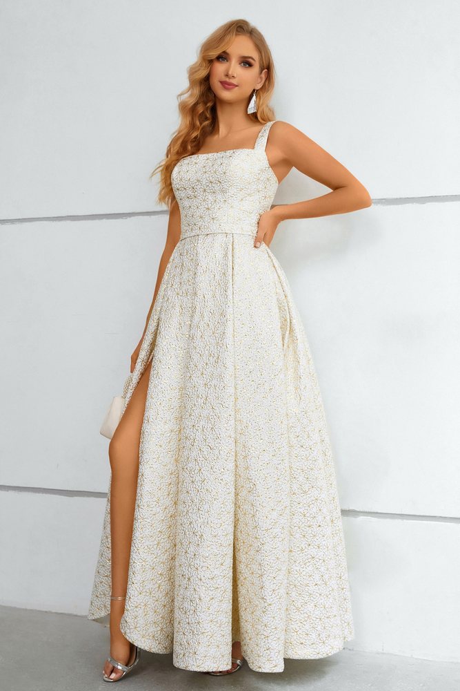 Ivory Square-Neck Jacquard A-Line Long Prom Dress with Slit