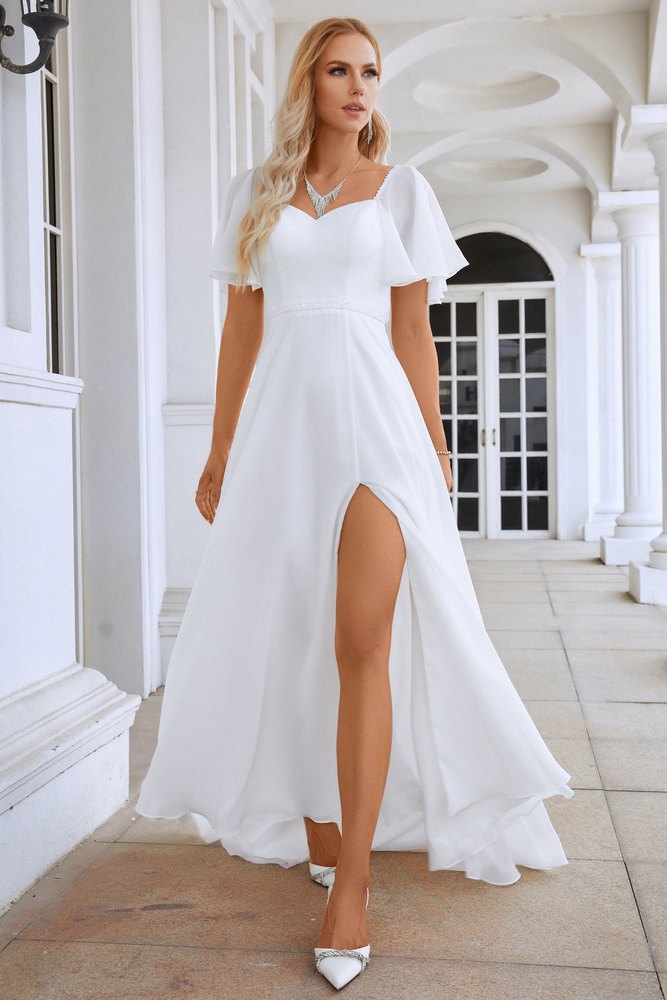 White Flutter Sleeves A-line Long Evening Dress with Slit Movousdress White Flutter Sleeves A-line Long Evening Dress with Slit Movousdress