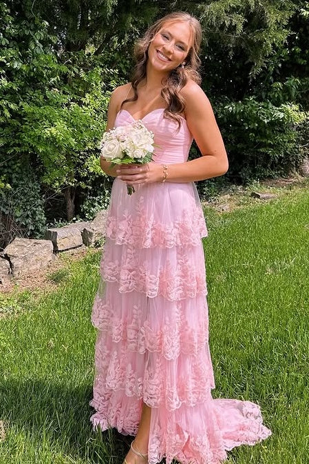 Lace A-Line Empire Strapless Party Prom Dress With Slit
