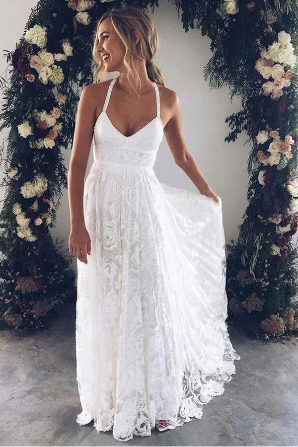 Lace A-Line V-Neck Backless Boho Wedding Dress With Slit
