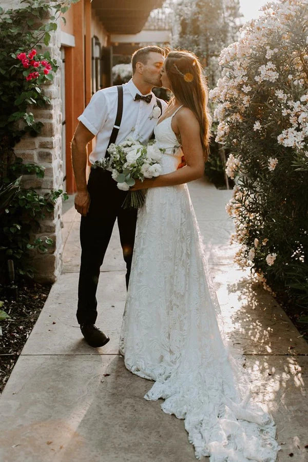 Lace A-Line V-Neck Backless Boho Wedding Dress With Slit