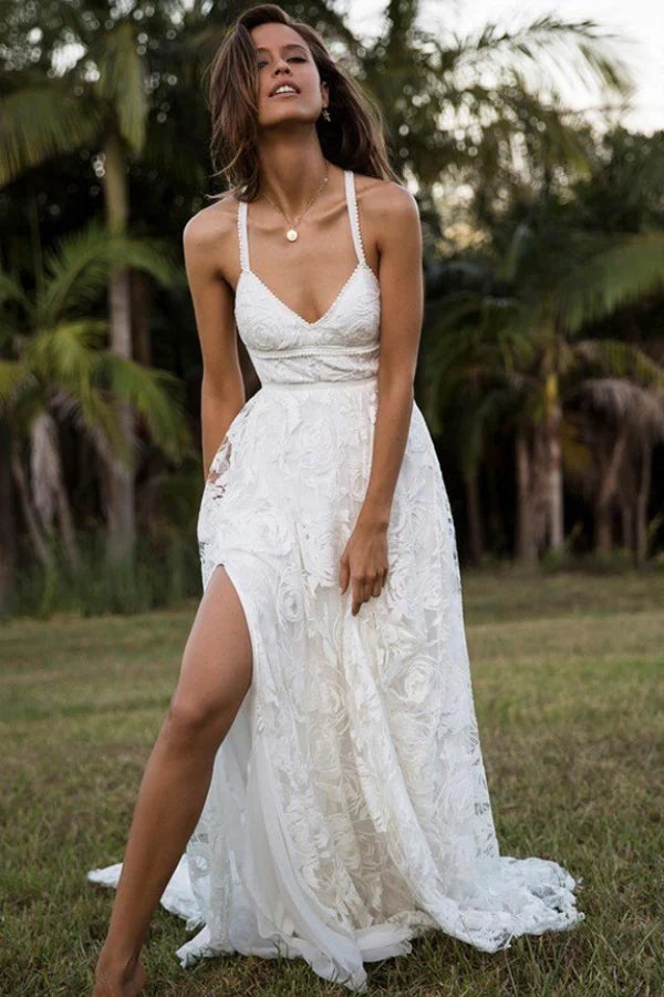 Lace A-Line V-Neck Backless Boho Wedding Dress With Slit