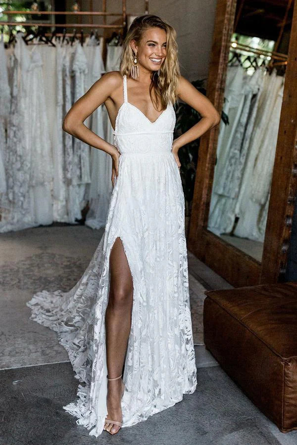 Lace A-Line V-Neck Backless Boho Wedding Dress With Slit
