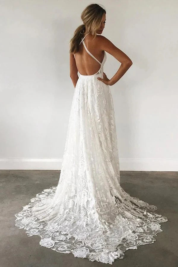 Lace A-Line V-Neck Backless Boho Wedding Dress With Slit