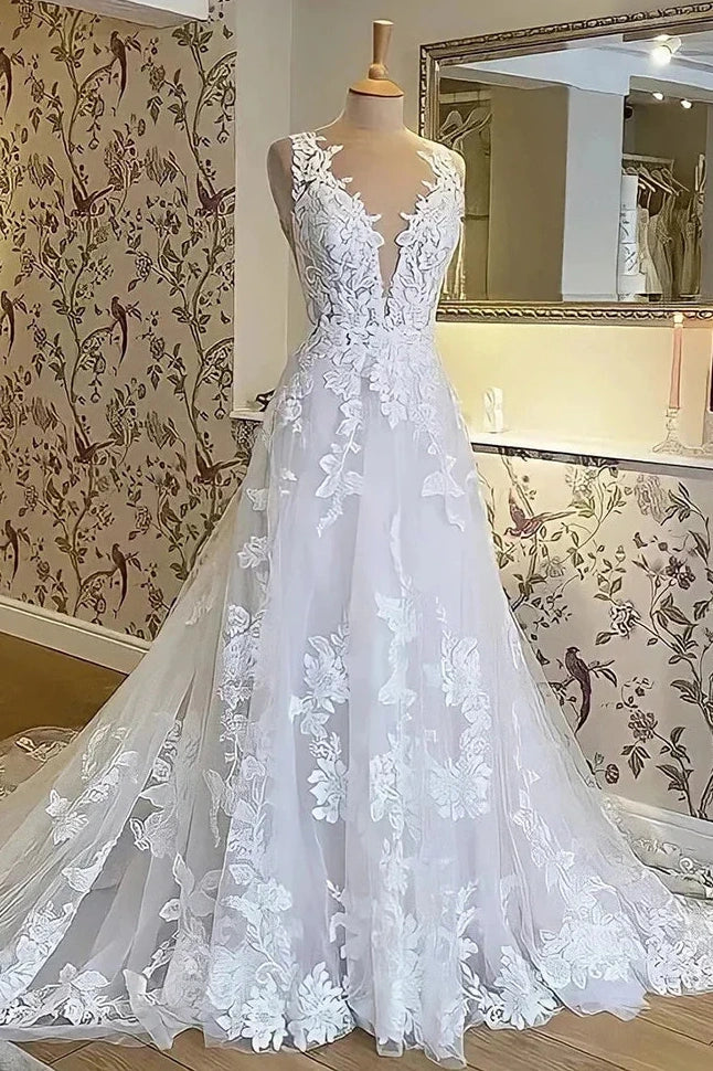 Lace A-Line V-Neck Backless Wedding Dress With Train