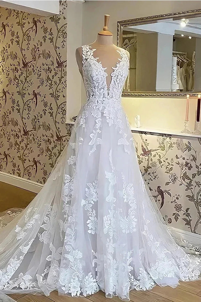 Lace A-Line V-Neck Backless Wedding Dress With Train