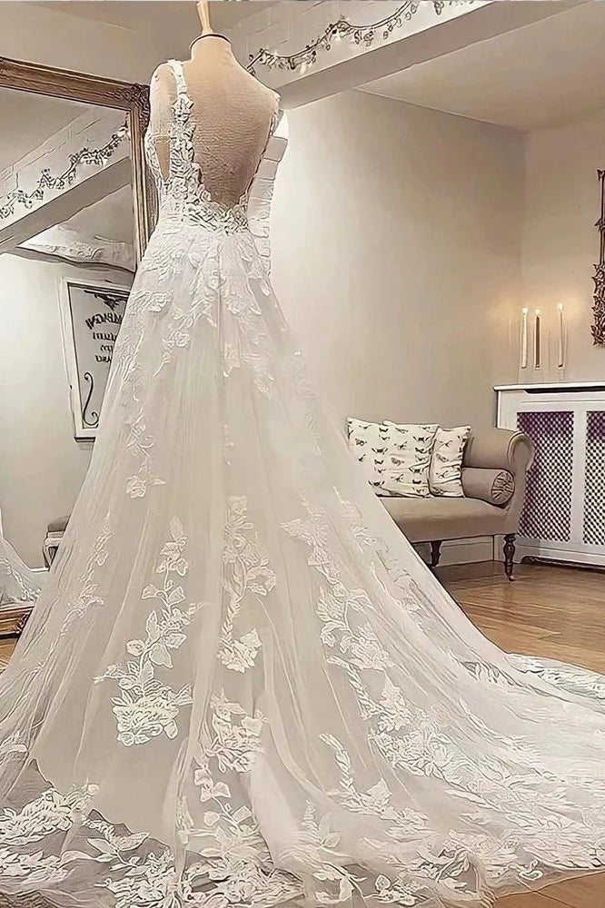 Lace A-Line V-Neck Backless Wedding Dress With Train