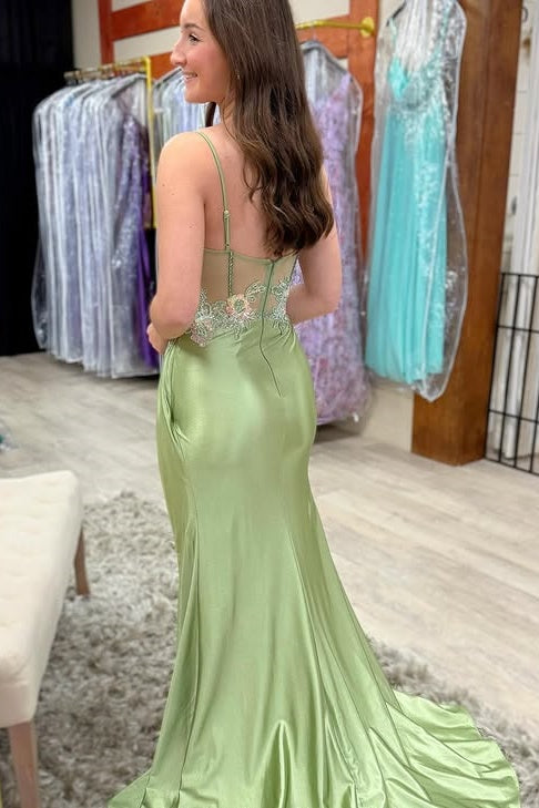 Lace Appliques Mermaid Satin Party Prom Dress With Train
